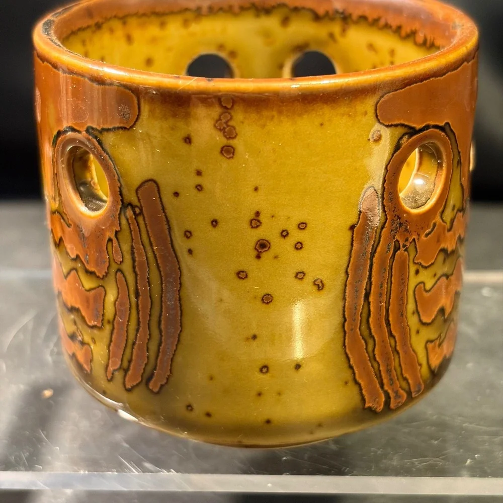 Vintage Ceramic Face Tea Light Candle Holder Speckled Brown Yellow Glaze